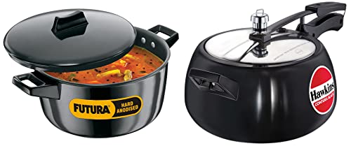 Hawkins Contura Black Pressure Cooker,5 Litre,Black(Cb50)&Futura Hard Anodised Aluminum Cook-N-Serve Bowl With Hard Anodised Lid,Capacity 4 Litre,Diameter 23 Cm,Thickness 4.06 Mm,Black,5 Liter