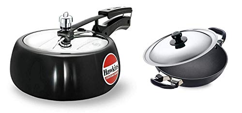 Hawkins Contura Hard Anodised Aluminium Pressure Cooker and Futura Non-Stick Round Bottom Deep-Fry Kadai with Steel Lid (3.5 Lts and 4 Lts / 30 CM)