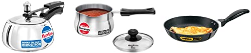 Hawkins Futura 3.25 mm Thickness Frying Pan (1 Litre, 22 cm, Black) & TPan Capacity 1.5 Litre, Thickness 4.7 mm, Silver & Contura Induction Compatible Pressure Cooker, 2 Litre, Silver (SSC20)