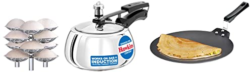 Hawkins Futura Dosa Tava, Diameter 33 cm, Thickness 4.88 mm (Black) Idli Stand - 12 Idlis,Silver (SSID5) & Contura Induction Compatible Pressure Cooker, 2 Litre, Silver (SSC20)