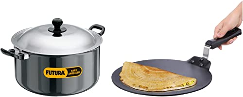 Hawkins Futura Hard Anodised Cook-n-Serve Stewpot with Hard Anodised Lid, Capacity 8.5 Litre, 28 cm, 4.06 mm (AST85) & Nonstick Dosa Tava, 33 cm, 4.88 mm