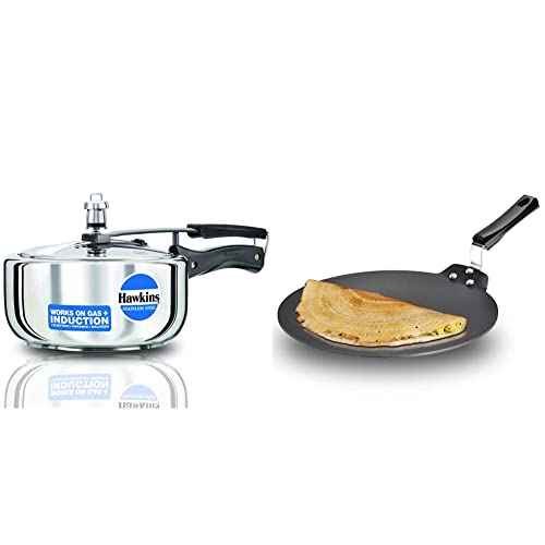 Hawkins Futura Non Stick Dosa Tawa, 33cm, Black & Stainless Steel Wide Pressure Cooker, 3 litres, Silver Combo