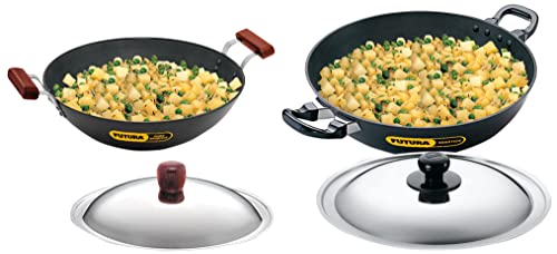 Hawkins Futura Nonstick Deep-Fry Pan with Stainless Steel Lid, Capacity 4 Litre, Diameter 30 cm, Thickness 3.25 mm, Black & Futura 5 Litre Deep Fry Pan, Hard Anodised Kadai with Stainless Steel Lid