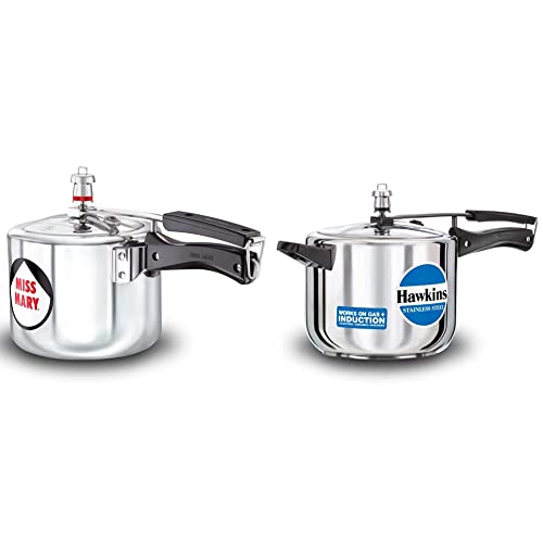 Hawkins - J31 Miss Mary Aluminium Pressure Cooker, 3 Litres, Silver & Hawkins - B30 Stainless Steel Pressure Cooker, 5 Litres, Silver