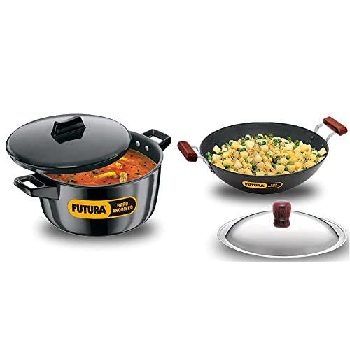 Hawkins - L64 Futura Hard Anodised Cook-n-Serve Bowl, 4 litres, Black and L47 Futura Hard Anodised Deep-Fry Pan with Stainless Steel Lid, 33cm/5 litres