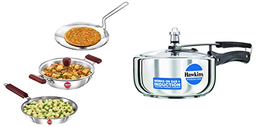 Hawkins Pressure Cooker, 3 Litre, Silver (HSS3W) & Hawkins Tri-Ply Cook n Serve Handi, Silver & Hawkins Tri-Ply Triniti Cookware Set 1 (Frying Pan, Tava, Deep-Fry Pan), Silver (SSET1)