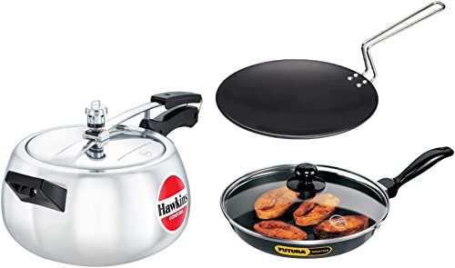 Hawkins Pressure Cooker, 5 L, Silver (HC50)&Hawkins Hard Anodised Tava, Diameter 26 cm, 4.88 mm (Black) AT26&Hawkins Futura Nonstick Frying Pan with Glass Lid, 1.5 L Diameter 26 cm, 3.25 mm, Black