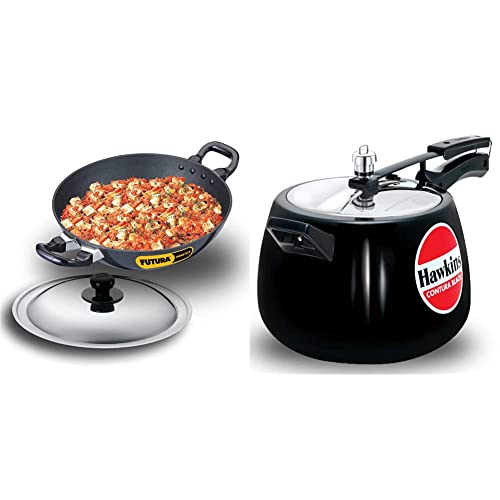 Hawkins - Q55 Futura Non-Stick Round Bottom Deep-Fry Pan with Steel Lid 2.5 Litre & Hawkins Cb65 Hard Anodised Pressure Cooker, 6.5 litres, Contura Black