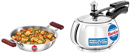 Hawkins Stainless Steel Contura Induction Compatible Pressure Cooker, 2 Litre & Tri-Ply Stainless Steel Induction Compatible Deep-Fry Pan, Capacity 2.5 Litre, Diameter 26 cm, Thickness 3 mm, Silver