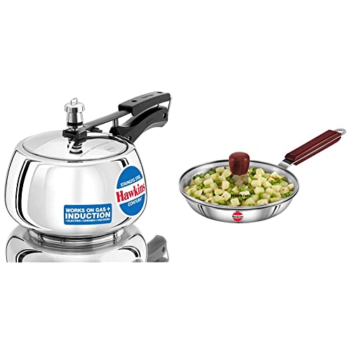 Hawkins Stainless Steel Contura Pressure Cooker 3 Litres and SSF22G Tri-ply Stainless Steel Frying Pan 22 cm with Glass Lid