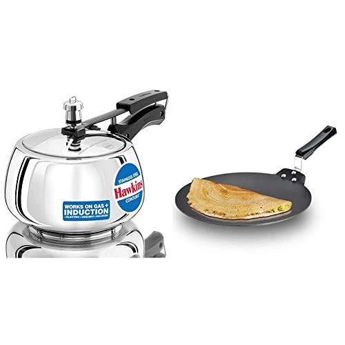 Hawkins Stainless Steel Contura Pressure Cooker 3 litres and Futura Nonstick Aluminium Dosa Tawa, 30cm, Black