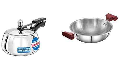 Hawkins Stainless Steel Contura Pressure Cooker and Tri-ply Stainless Steel Deep-Fry Pan (Kadhai), Combo (3 Lts + 1.5 Lts / 22 cm)