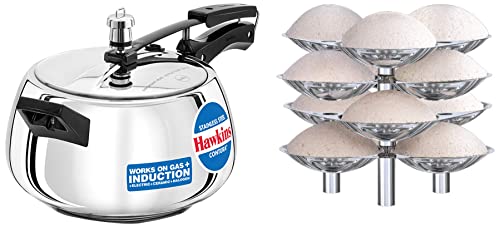 Hawkins Stainless Steel Idli Stand - 12 Idlis,(For 5 Litre&Bigger Pressure Cooker),Silver(Ssid5)&Stainless Steel Contura Induction Compatible Pressure Cooker,5 Litre,Silver(Ssc50),5 Liter