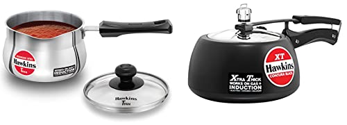 Hawkins Stainless Steel Induction Compatible Tpan(Saucepan) with Glass Lid,Capacity 1.5 Litre,Thickness 4.7 Mm,Silver&Contura Black Xt Induction Compatible Pressure Cooker,5 Litre,Black,1.5 Liter