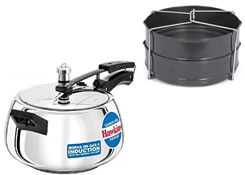 Hawkins Stainless Steel Pressure Cooker Contura, 5 Litres With Hard Anodised Two Dish Set/Seperator, 5 Liter