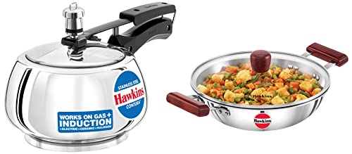 Hawkins Tri-Ply Stainless Steel Induction Compatible Deep-Fry Pan with Glass Lid, Capacity 2.5 Litre, Diameter 26 cm, Thickness 3 mm & Stainless Steel Contura Induction Compatible Pressure Cooker, 2L