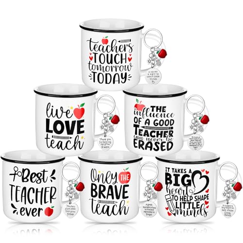 Hushee 12 Pcs Teacher Appreciation Gift Set 6 Teachers' Day Thank You Coffee Mug Inspirational Ceramic Cup and 6 Keychains Novelty Appreciation Tumbler Cup for Women Kid Basket Daycare Birthday Xmas