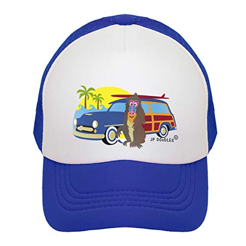 JP DOoDLES Surfer Monkey Hat Kids Trucker Hat. Baseball Mesh Back Cap fits Baby, Toddler and Youth (Royal Blue, Kiddo 2-5 YRS)