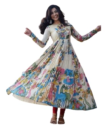 Joveos Gallery Women's Designer Crepe Round Neck Long Sleeve Printed Gown with Bottom and Dupatta for Girls (M, Kalamkari Print)