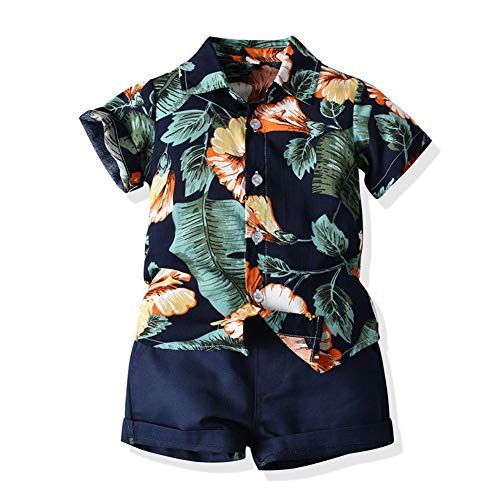 JunNeng Toddler Baby Boy Shorts Sets Hawaiian Outfit,Infant Kid Leave Floral Short Sleeve Shirt Top+Shorts Suits (Navy Blue, 9-12 Months)