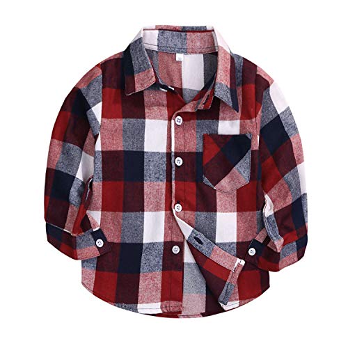 Kids Little Boys Girls Baby Long Sleeve Button Down Red Plaid Flannel Shirt Plaid Girl Boy NB-6T, Red&grey, 18-24 Months