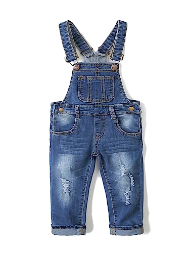 Kidscool Girls Ripped Holes Stone Washed Soft Slim Jeans Overalls,Blue,18-24 Months