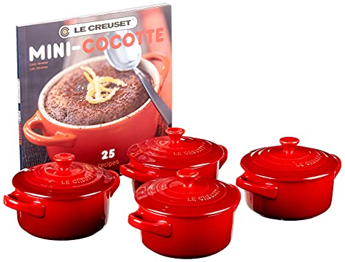 Le Creuset Set of 4 Mini Cocottes with Cookbook, Cerise (Cherry Red)