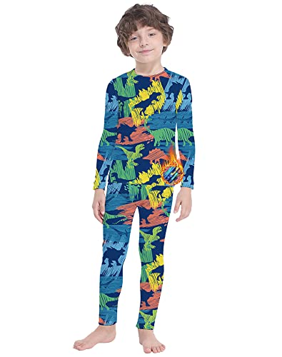 MANCYFIT Thermal Underwear for Boys Fleece Lined Long Johns Set Kids Base Layer Ultra Soft, Dinosaur Blue, X-Small