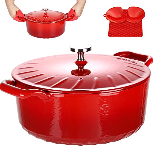 MGKKT Enameled Cast Iron Dutch Oven with Lid, Enamel Pot with Loop Handles, 6QT, Red