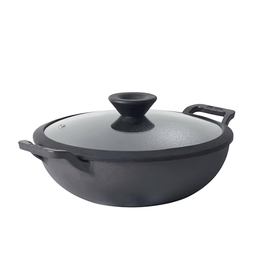 Meyer Pre Seasoned Cast Iron Kadai|Iron Kadhai with Lid for Cooking and Stir Frying | Heavy Base Iron Kadai Big Size | Gas Stove and Induction Friendly 30cm/ 4.5 Liters, Black