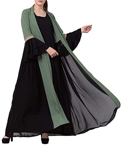 Mushkiya Designer Casual Abaya Dress with Attached Shrug and a Belt in Dual Color for Girls and Women (M, Jade Green-Black)