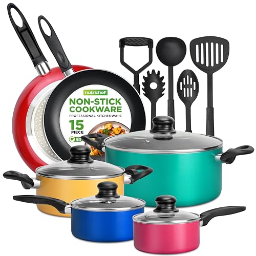 NutriChef 15-Piece Non Stick Kitchen Cookware Set PFOA/PFOS-Free, Colorful Heat Resistant Lacquer w/Saucepot, Frying Pans, Oven Pot, Lids, 5 Utensil - NCCWCOR15