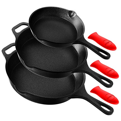 Nutrichef NCCIPS3P49 Pre-Seasoned Cast Iron Skillet Pans, S, M. & L, Black