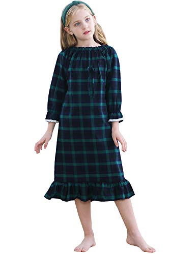 PUFSUNJJ Girls Princess Nightgown,Winter Long Sleeve Flannel Nightdress Pajamas Dress Kids 3-12 Years R-Green