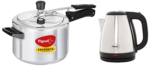 Pigeon by Stovekraft Amaze Plus 1.5 Litre Electric Kettle, Black & Favourite Aluminium Pressure Cooker with Inner Lid, 5 litres, Silver Combo