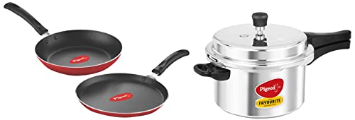 Pigeon by Stovekraft Favourite Induction Base Aluminium Pressure Cooker with Outer Lid, 5 Litre & Aluminium Nonstick Duo Pack Flat Tawa 250 and Fry Pan 200 Gift Set