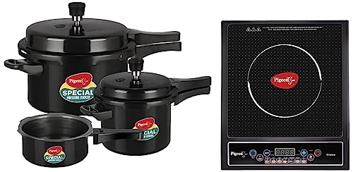 Pigeon by Stovekraft Hard Anodised Aluminium Pressure Cooker Combo - 2 L, 3 L and 5 L Induction Base Outer Lid Cooker (14414, Black) & Pigeon by Stovekraft Cruise 1800 watt Induction Cooktop (Black)