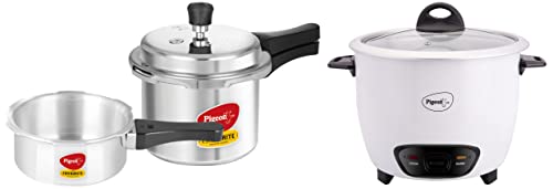 Pigeon by Stovekraft Mini Combi Aluminium Cookware Set, 2-Pieces (2+3 Litres), Silver and Stovekraft Joy Rice Cooker with Single pot, 1 litres (White)