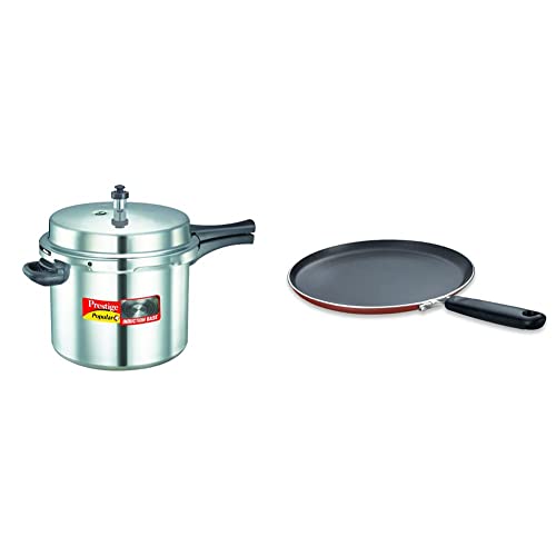 Prestige Aluminium Popular Plus Induction Base Pressure Cooker, 10 Litres, Silver + Prestige Omega Deluxe Omni Tawa 250 Combo, 10 Liter