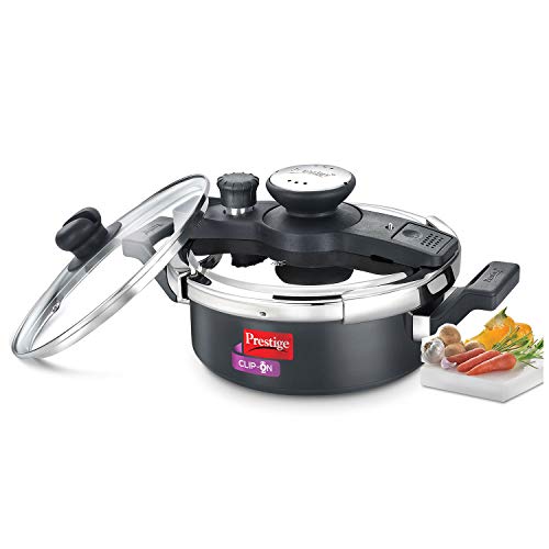 Prestige Clip On Aluminium Outer Lid Pressure Cooker with Glass Lid, 3 Litres, 2-Pieces, Charcoal Black