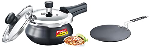 Prestige Deluxe Duo Plus Aluminum Outer Lid Pressure Cooker, 1.5 Litres, Black&Prestige Omega Deluxe Aluminium Granite Fry Pan, 20cm (Omelette Pan), Black&Prestige Aluminium Cookware, 26.5 cm, Black