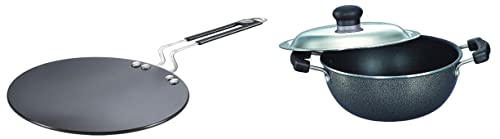 Prestige Hard Anodised Cookware Induction Base Paratha Tawa, 265mm, Black + Prestige Omega Select Plus Non-Stick Flat Base Kadai with Lid, 20cm, 2.2 Litters, Black