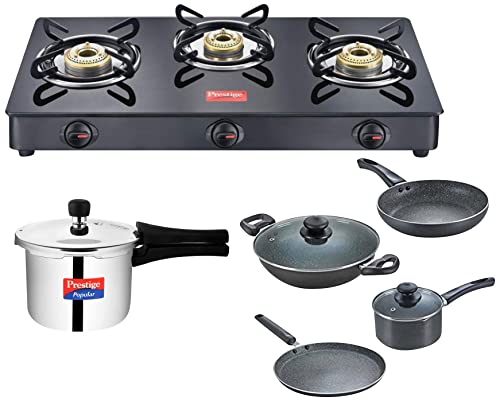 Prestige IRIS LPG Gas Stove, 3 Burner, Black, Glass, Manual&Prestige Popular Stainless Steel Outer Lid Pressure Cooker, 3 Litres, Silver&Prestige Omega Granite Aluminium Kitchen Set, 4-Pieces, Black