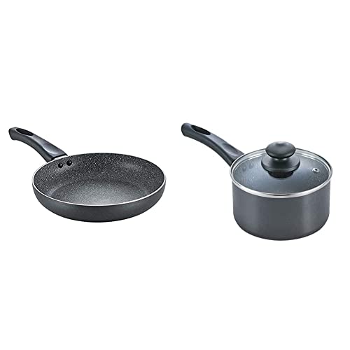 Prestige Omega Deluxe Aluminium Granite Fry Pan, 200mm (Omelette Pan), Black & Omega Deluxe Granite Milk Pan with Lid, 160mm Combo