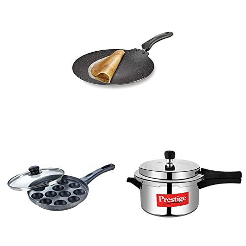 Prestige Omega Deluxe Granite Flat Dosa Tawa, (Black, 30 cm) Omega Select Plus Non Stick Paniyarakkal with Lid (24 cm)- Gas Top Compatible Only&Prestige Popular Pressure Cooker, 3ltrs