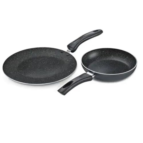 Prestige Omega Deluxe Granite Non-Stick Cookware Combo Pack of 2-Concave Tawa 25cm, Fry Pan 20cm|Gas & Induction Compatible|Black