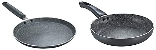 Prestige Omega Deluxe Granite Omni Tawa, 280mm,Black and Omega Deluxe Granite Fry Pan, 240mm, Black (36305)