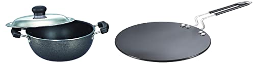 Prestige Omega Select Plus Non-Stick Flat Base Kadai with Lid, 20cm, 2.2 litres, Black & Hard Anodized Aluminium Chapati Tawa (245 mm, Black) Combo