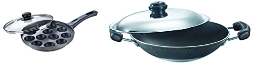 Prestige Omega Select Plus Non-Stick Paniyarakkal with Lid (240 mm, Black)- Gas Top Compatible only & Omega Select Plus Residue Free Non-Stick Deep Appachetty with Lid, 20cm,Black and Stainless Combo