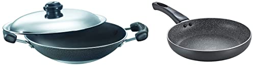 Prestige Omega Select Plus Residue Free Non-Stick Deep Appachetty with Lid, 20cm Aluminium Omega Deluxe Granite Fry Pan, 24 cm, Black (36305)